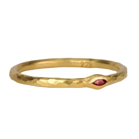 22K Gold Thin Hammered Band with Marquise Ruby