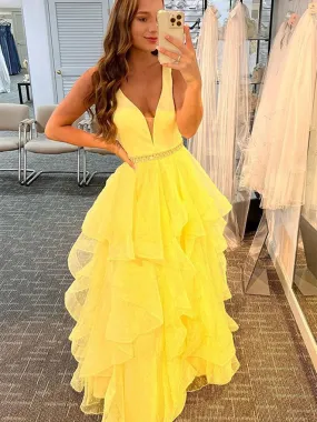 A-line V Neck Layered Tulle Long Prom Dresses with Belt Yellow Formal Graduation Evening Gowns