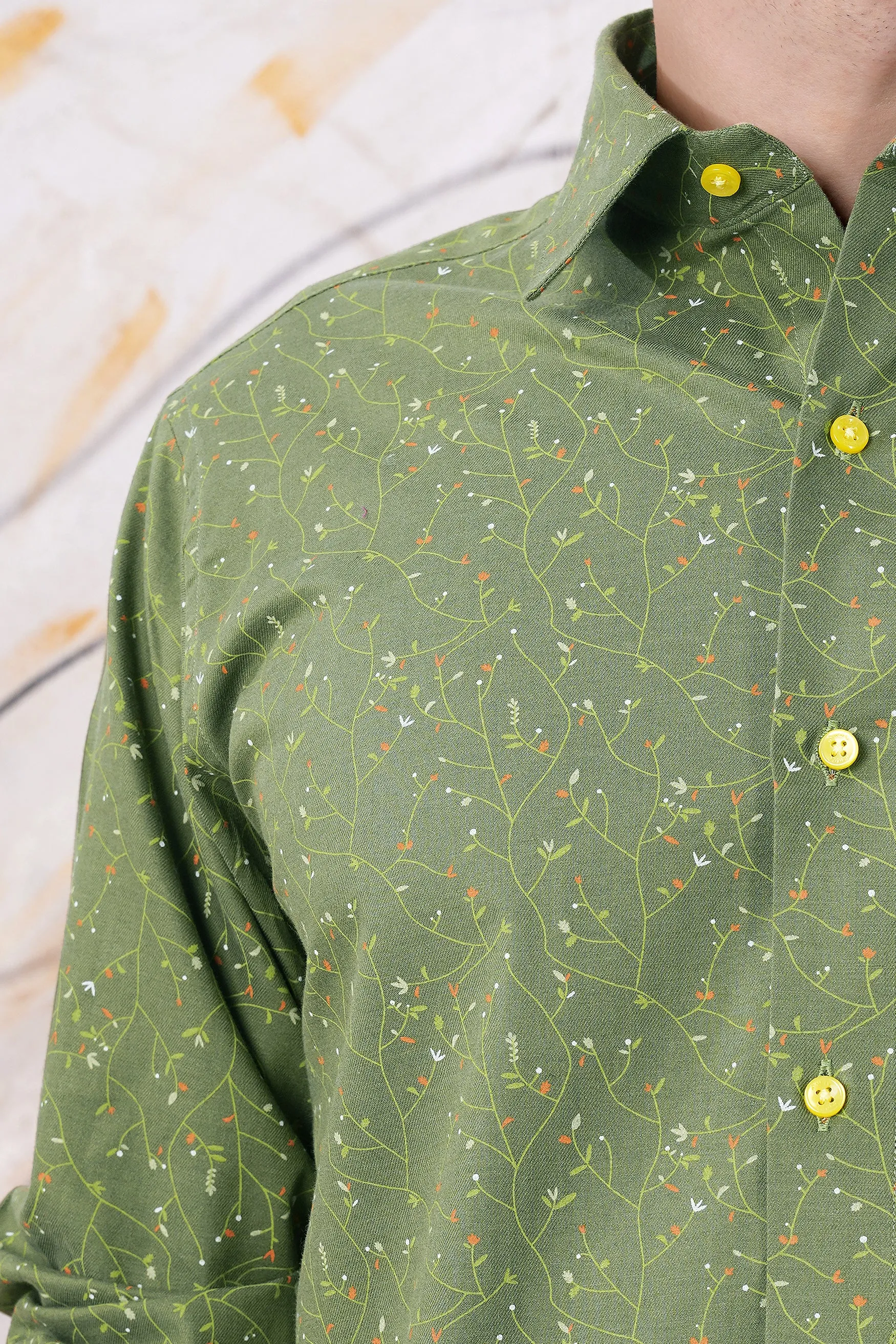 Asparagus Green Printed Twill Premium Cotton Shirt