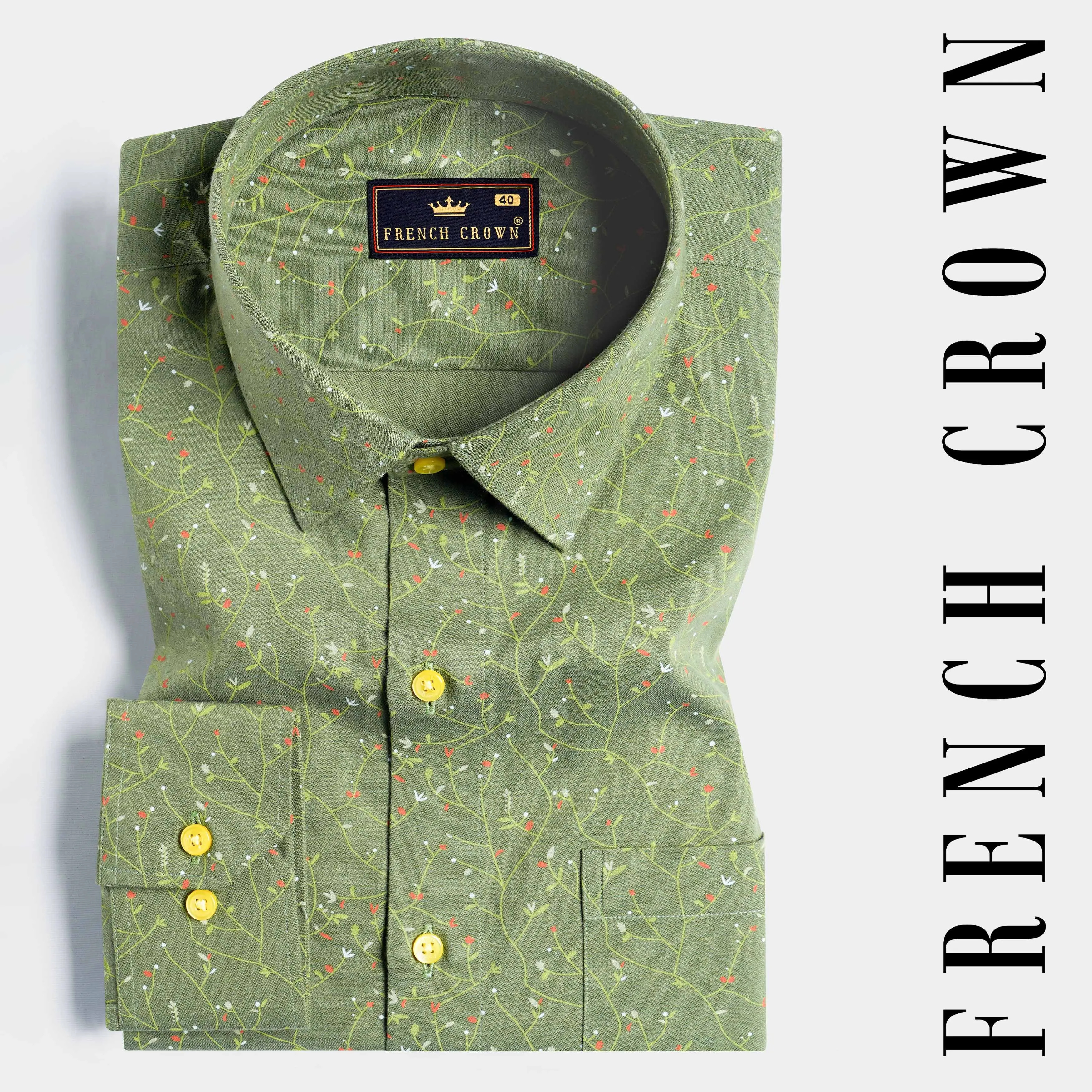 Asparagus Green Printed Twill Premium Cotton Shirt