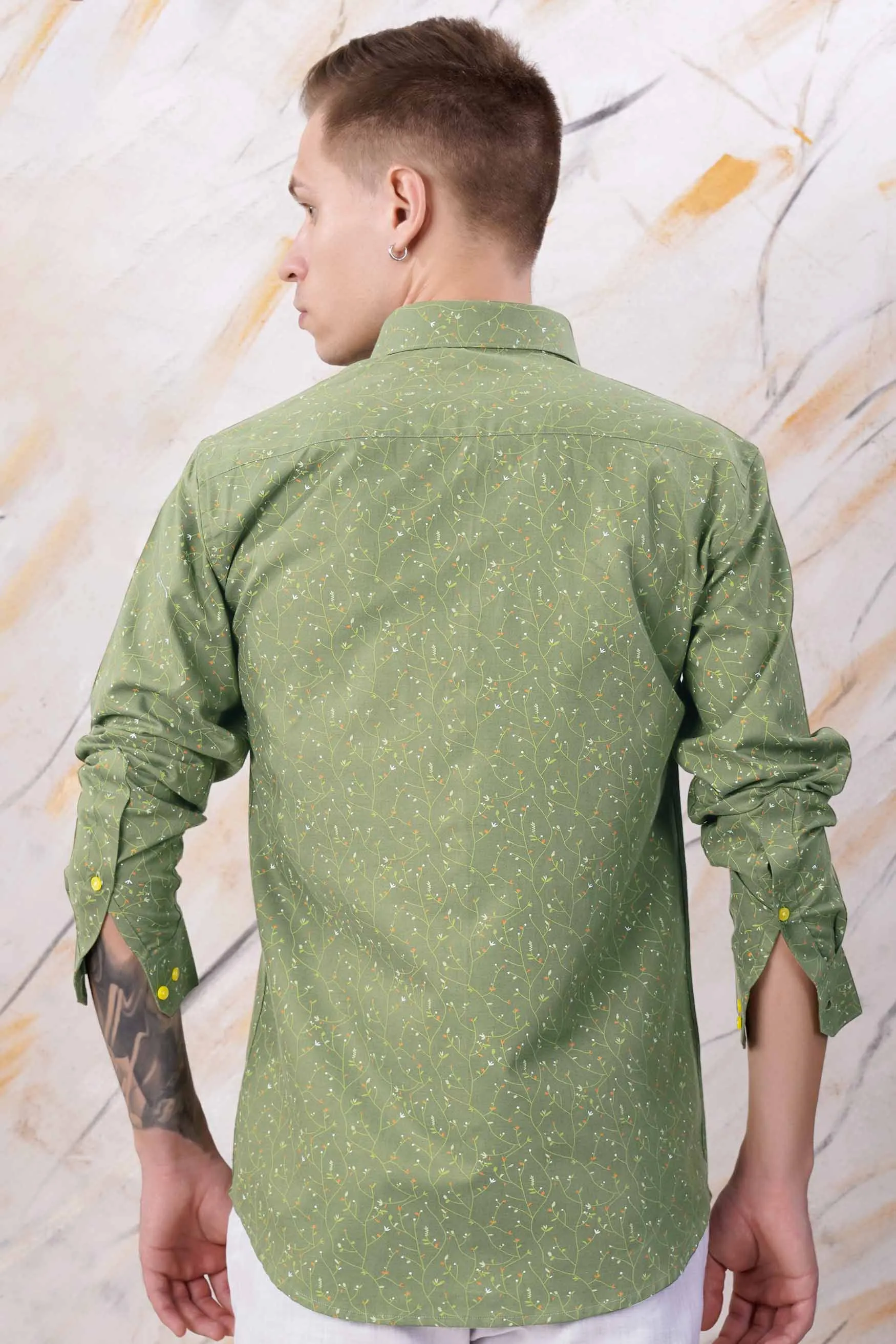 Asparagus Green Printed Twill Premium Cotton Shirt