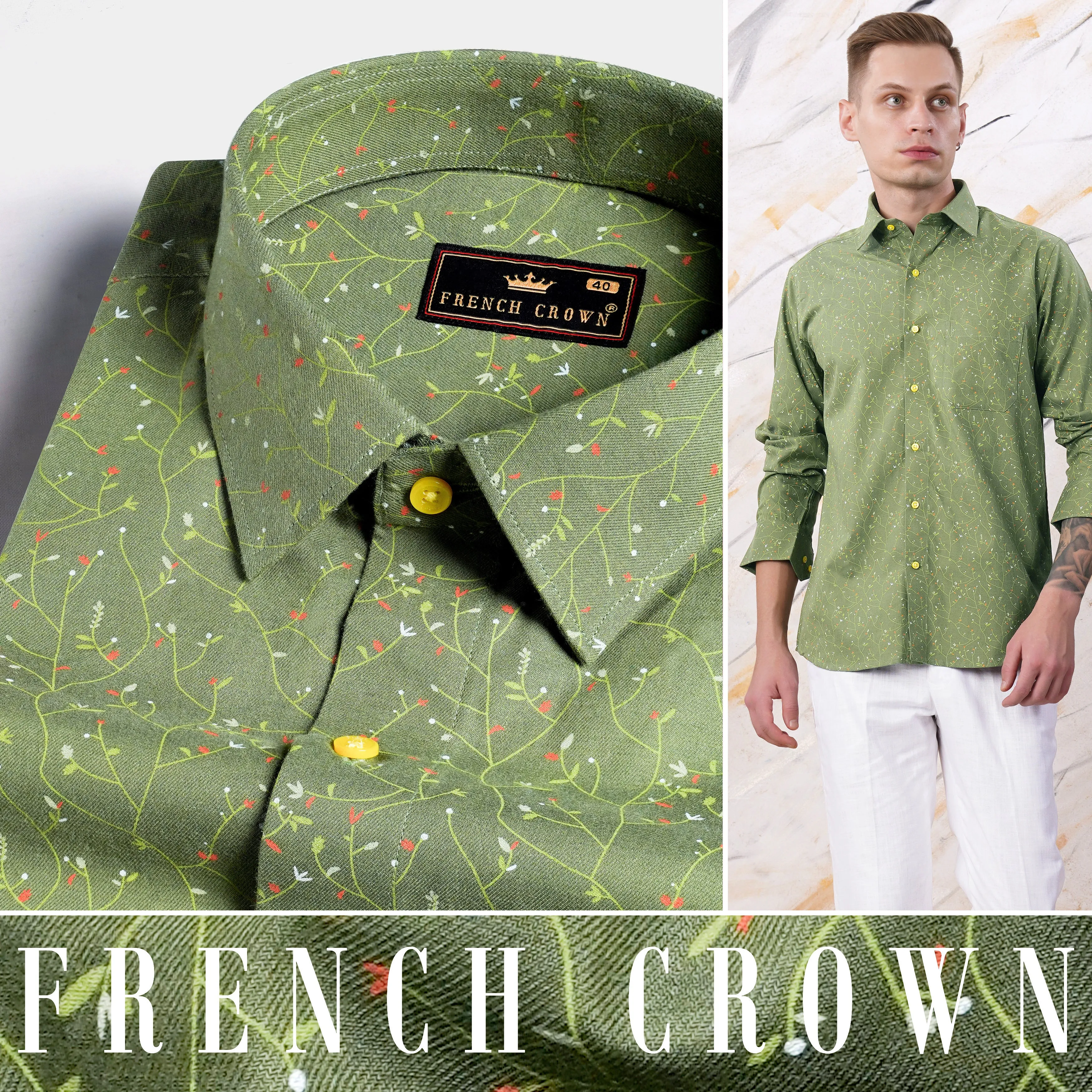 Asparagus Green Printed Twill Premium Cotton Shirt