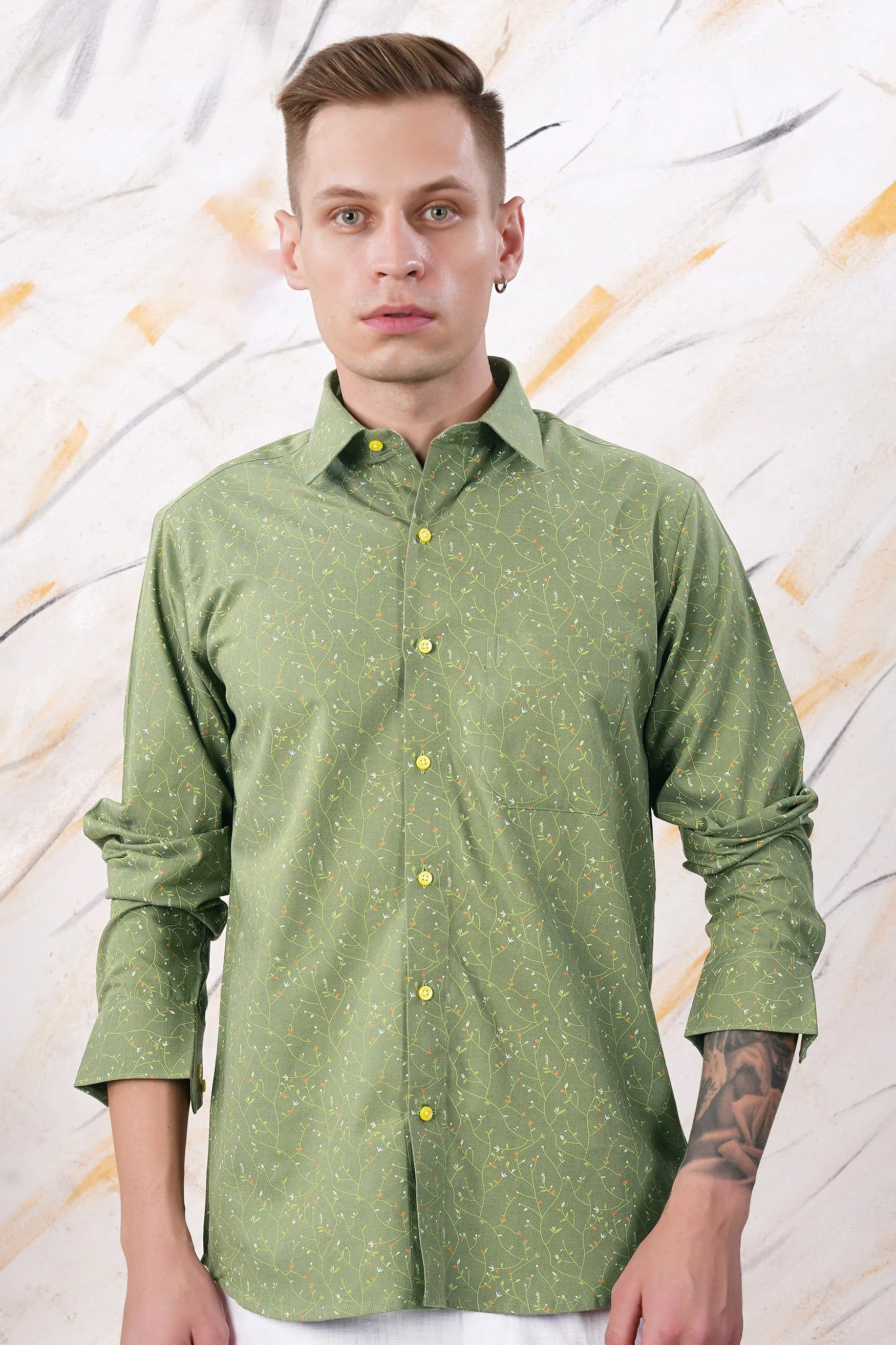 Asparagus Green Printed Twill Premium Cotton Shirt