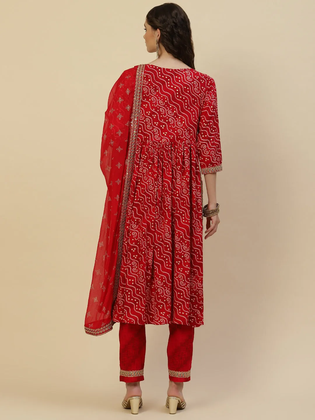 Bandhani Printed Cotton Kurta With Pants & Dupatta