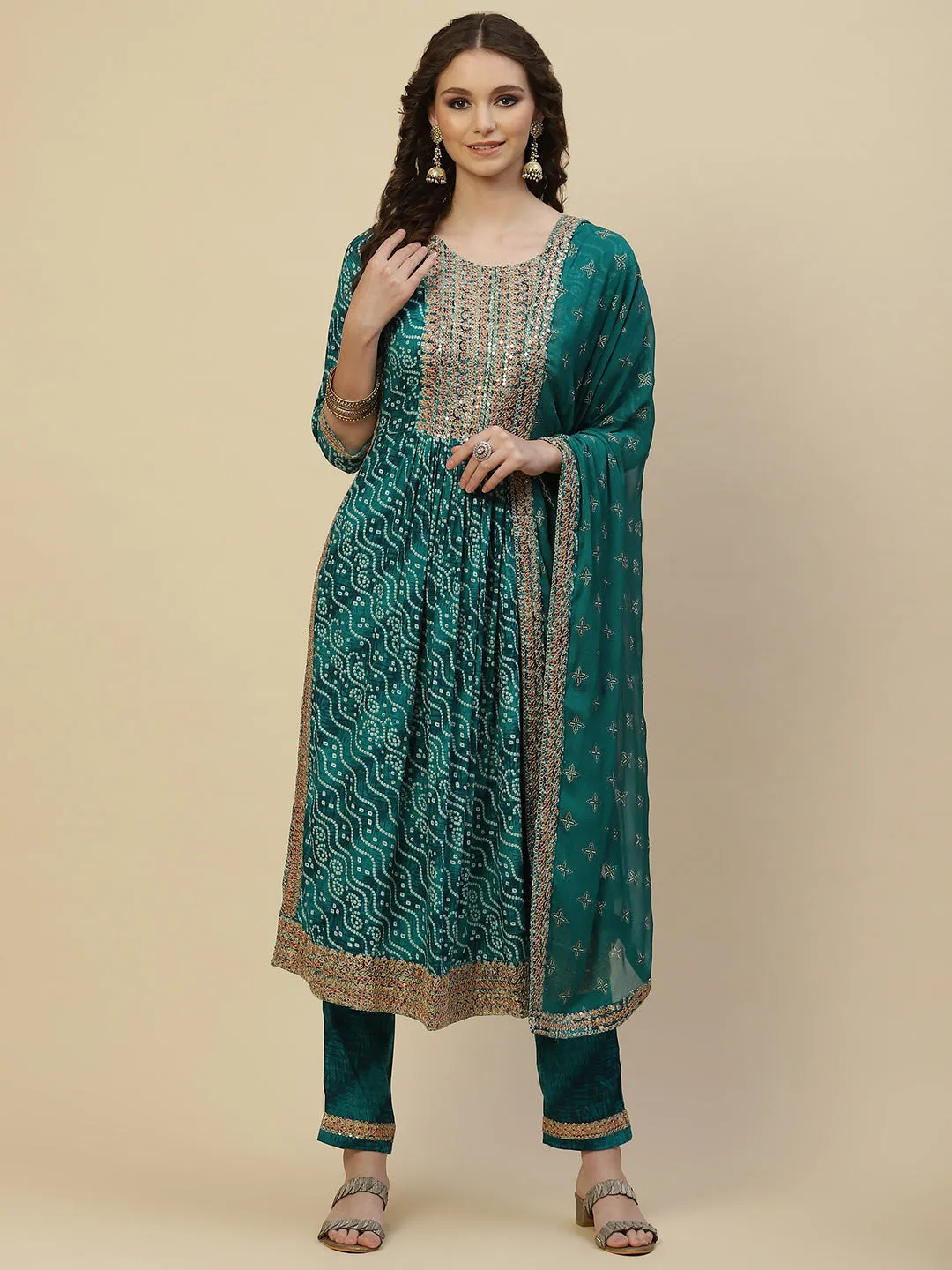 Bandhani Printed Cotton Kurta With Pants & Dupatta