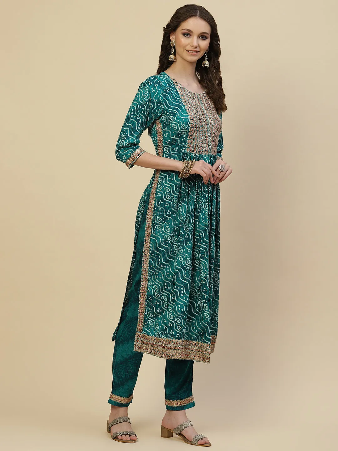 Bandhani Printed Cotton Kurta With Pants & Dupatta