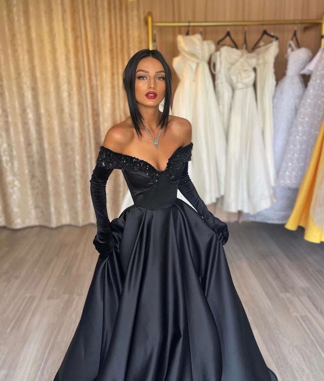 Black Long A Line Off the Shoulder Satin Prom Dress with Gloves