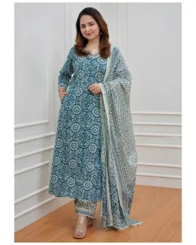 Blue Cotton Digital Print Afghani Salwar Suit Set