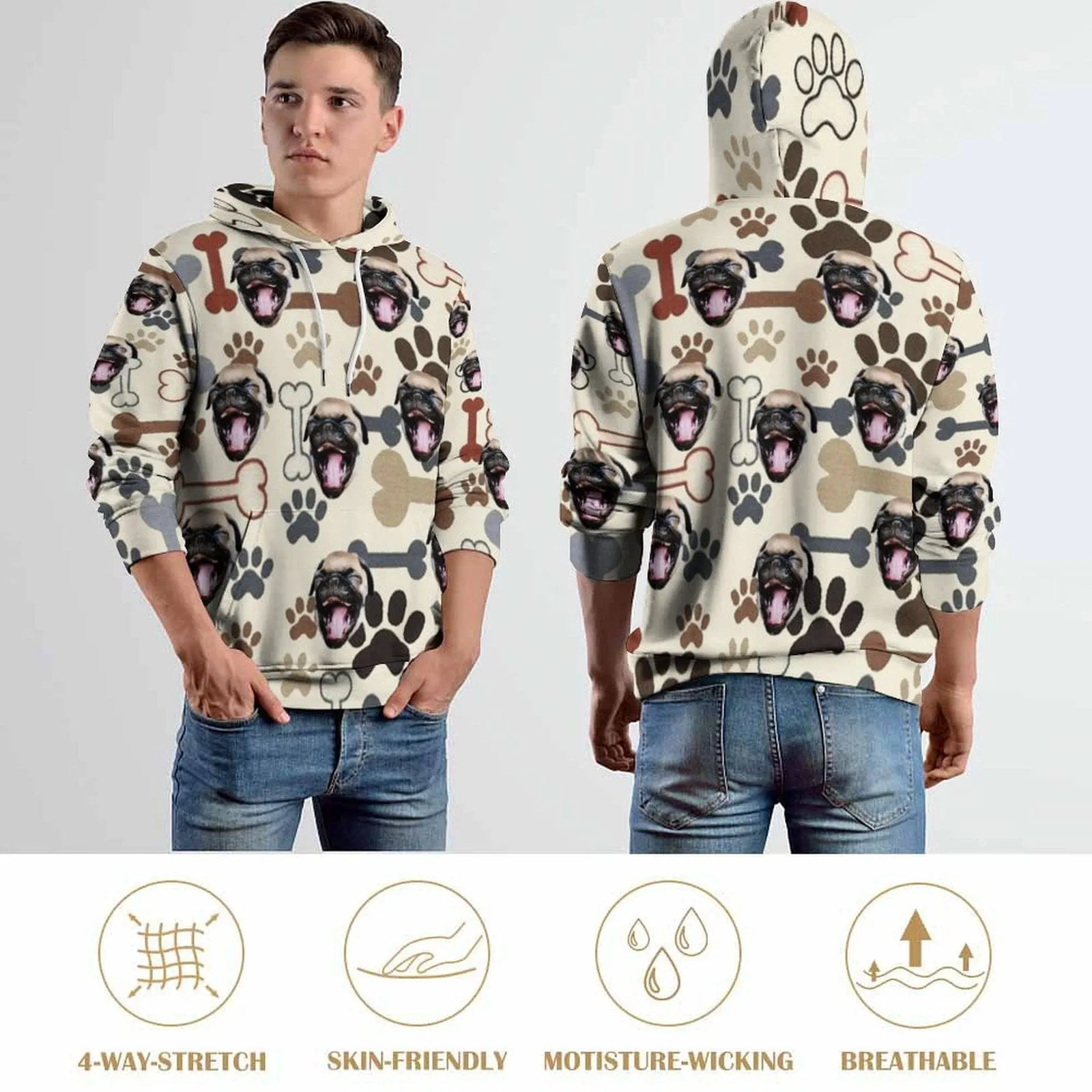 Custom Pet Face Bone Foot Print Unisex Hoodie&Sweatpant Set Personalized Couple Loose Hooded Pullover Casual Joggers