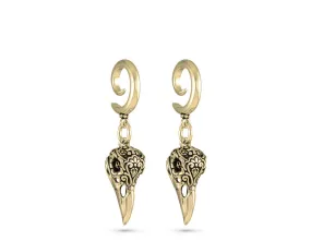 Day of the Dead Raven Skull Gauged Spiral Earrings - Bronze