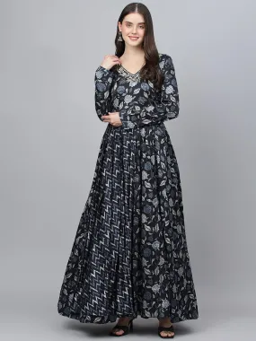 Divena Black Floral Printed Gaji Silk Flared Gown