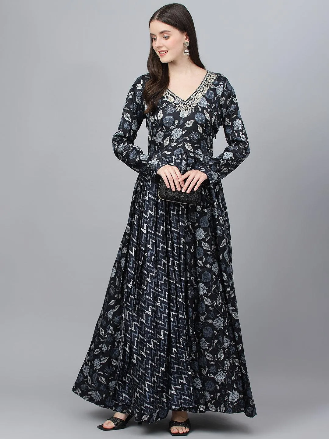 Divena Black Floral Printed Gaji Silk Flared Gown