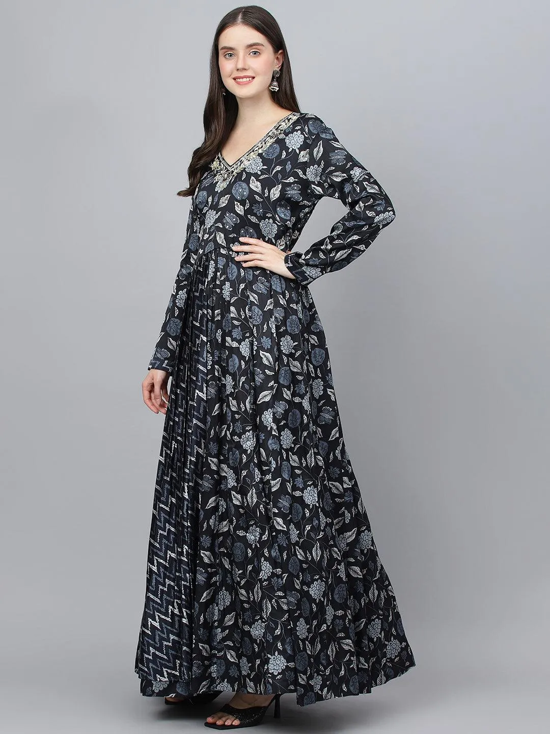 Divena Black Floral Printed Gaji Silk Flared Gown