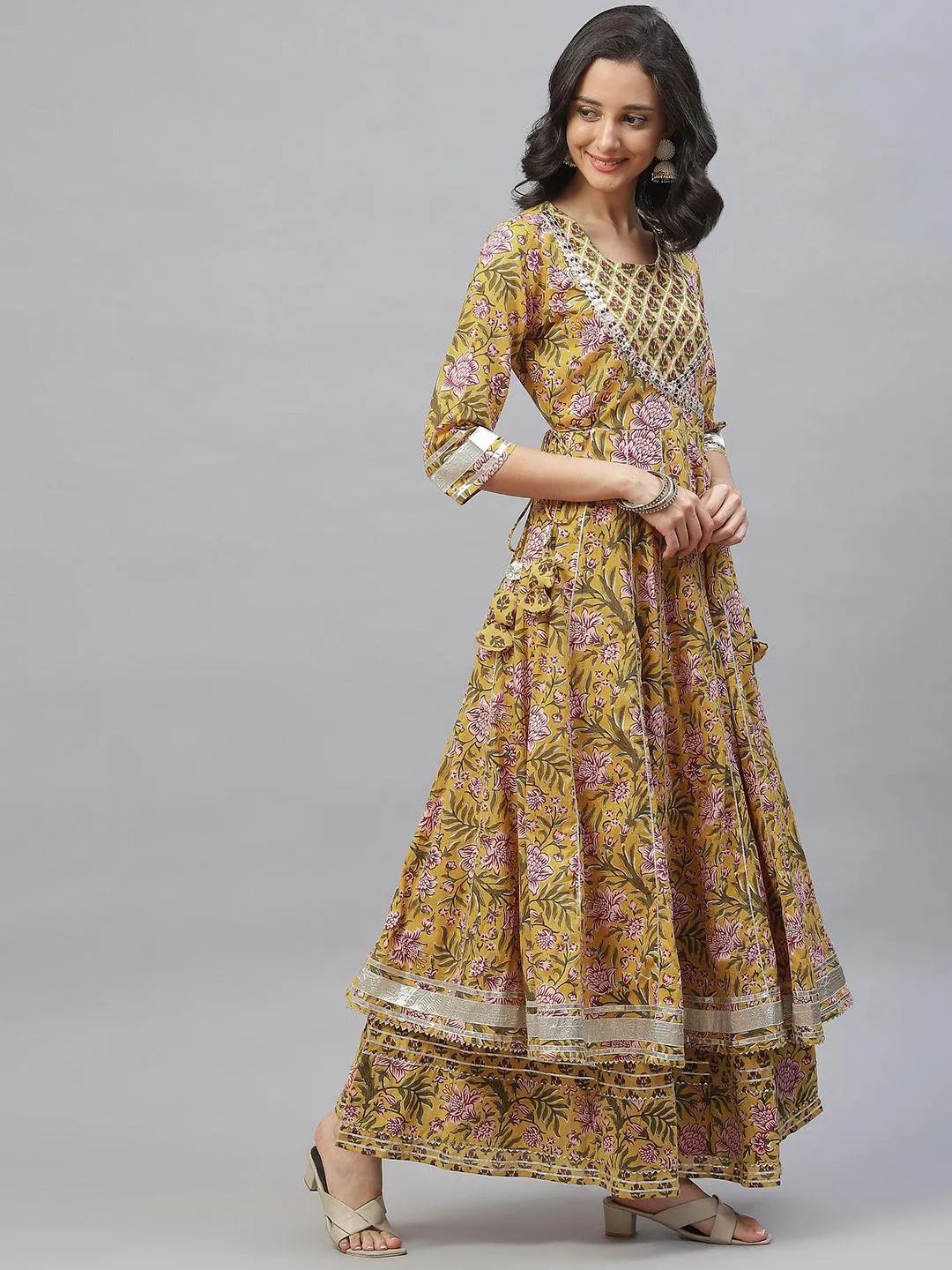 Divena Mustard Cotton Anarkali Kurta Palazzo Set With Dupatta