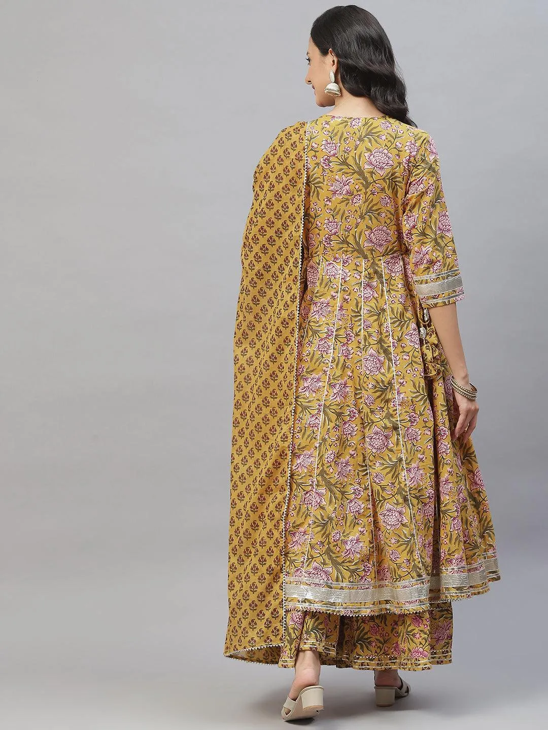 Divena Mustard Cotton Anarkali Kurta Palazzo Set With Dupatta