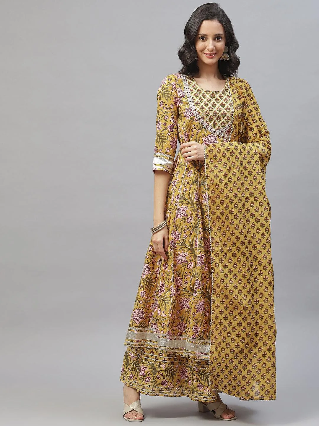 Divena Mustard Cotton Anarkali Kurta Palazzo Set With Dupatta