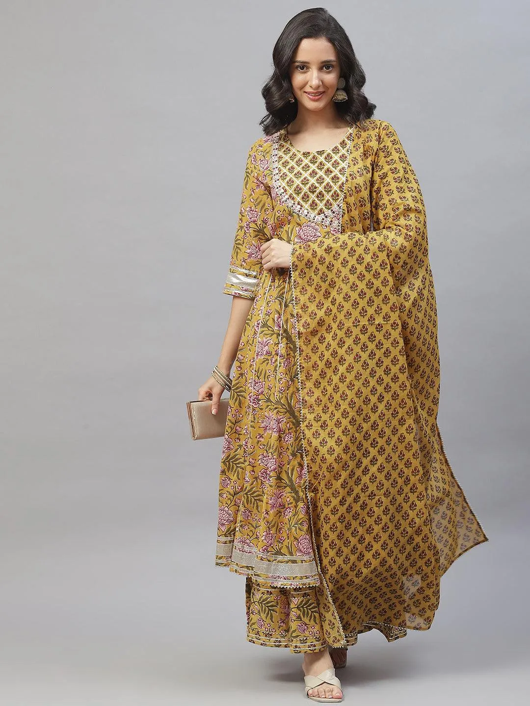 Divena Mustard Cotton Anarkali Kurta Palazzo Set With Dupatta