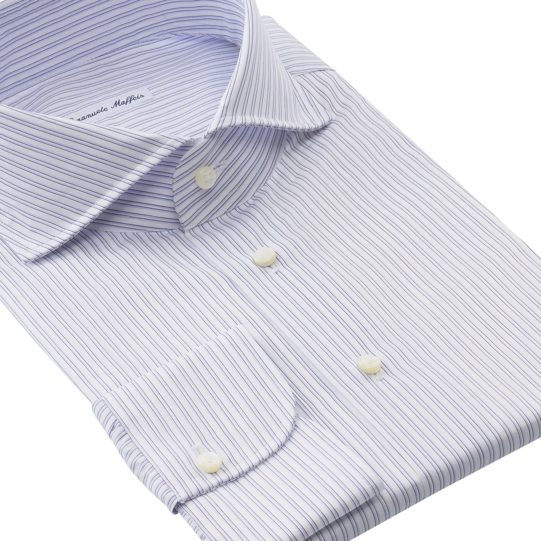 Double-Stripe Cotton White and Blue Shirt with Shark Collar