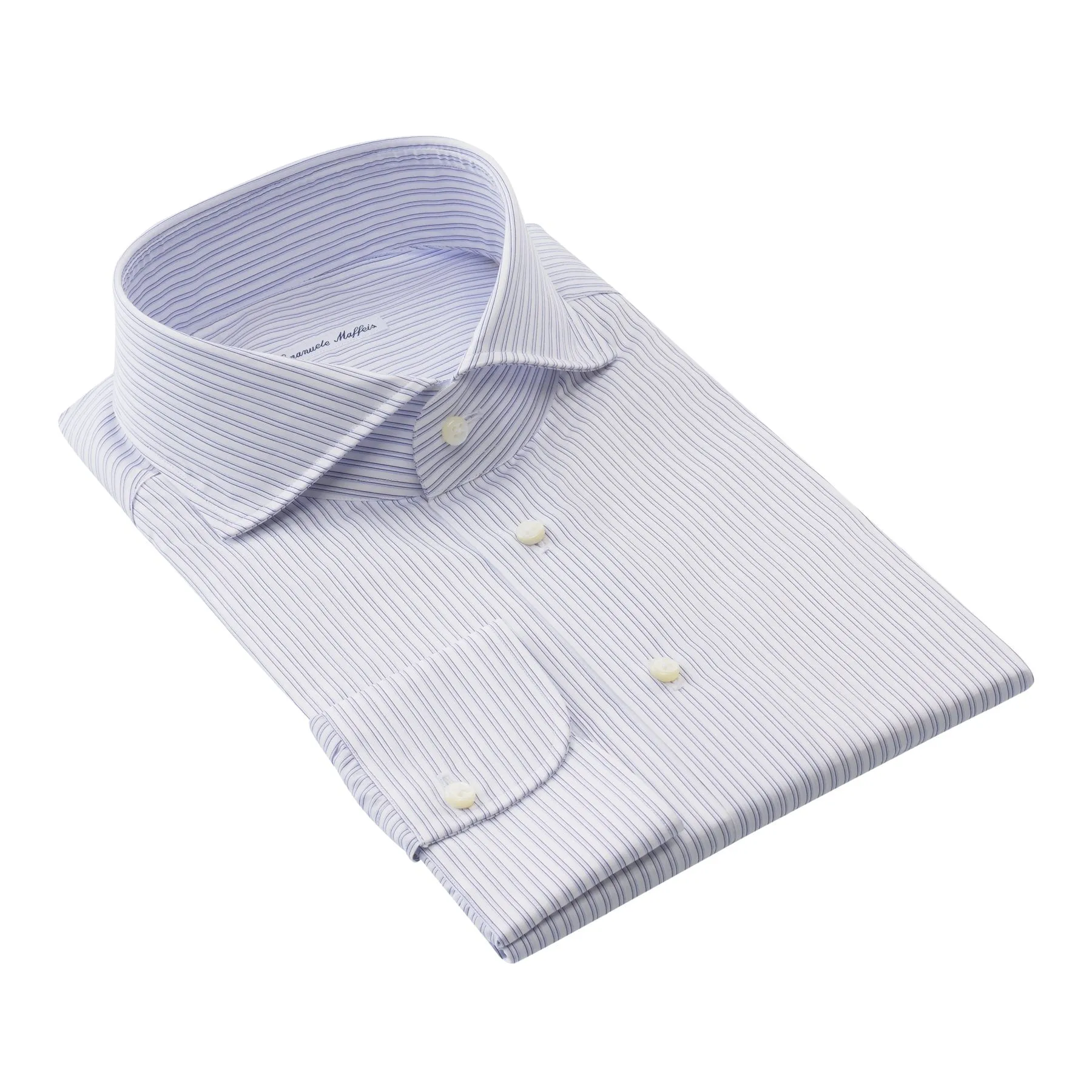 Double-Stripe Cotton White and Blue Shirt with Shark Collar