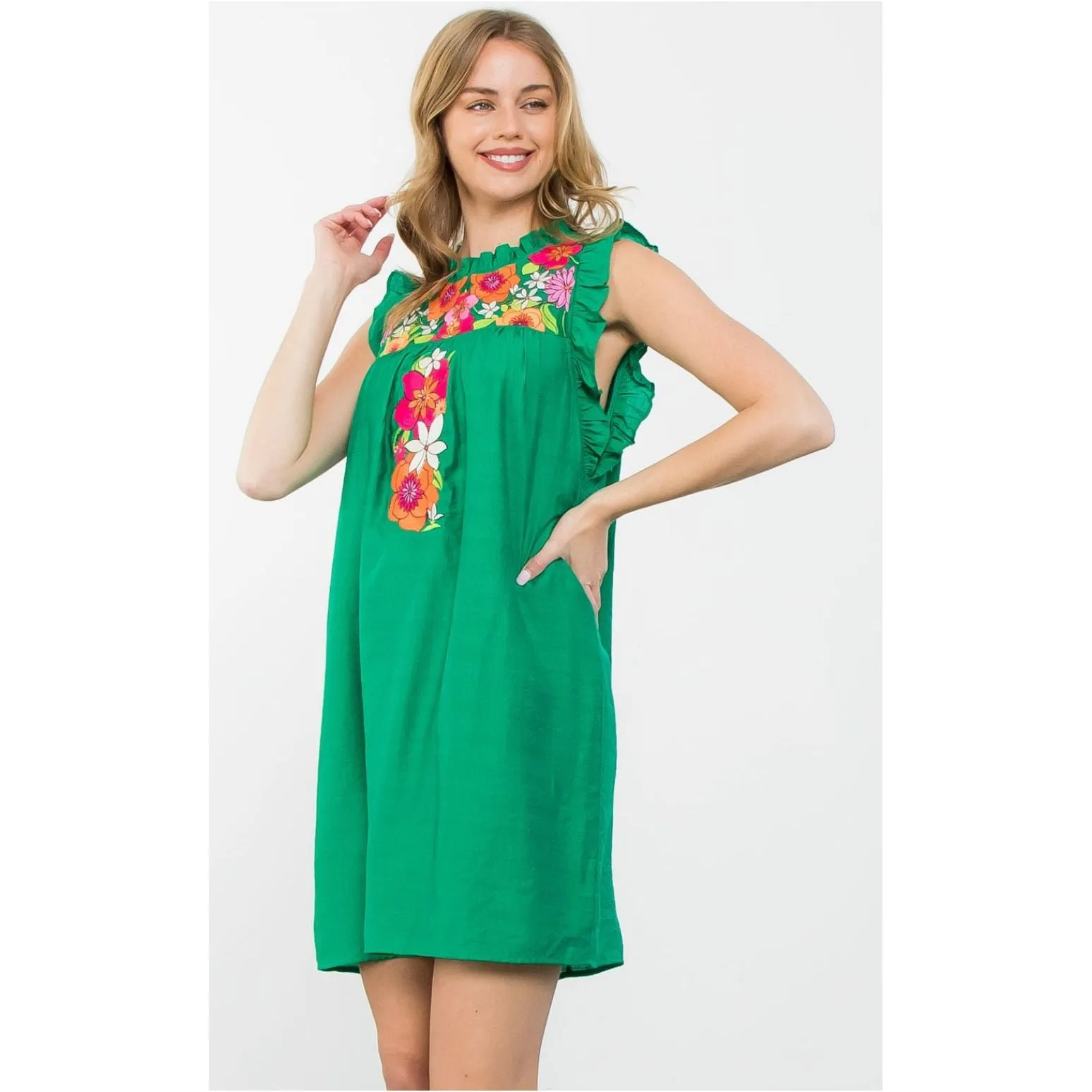 Emmie Sleeveless Green Embroidered THML Dress