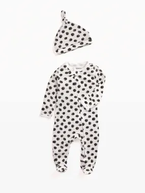 Full sleeve black round pattern in white zipper sleepsuit with cap  for baby