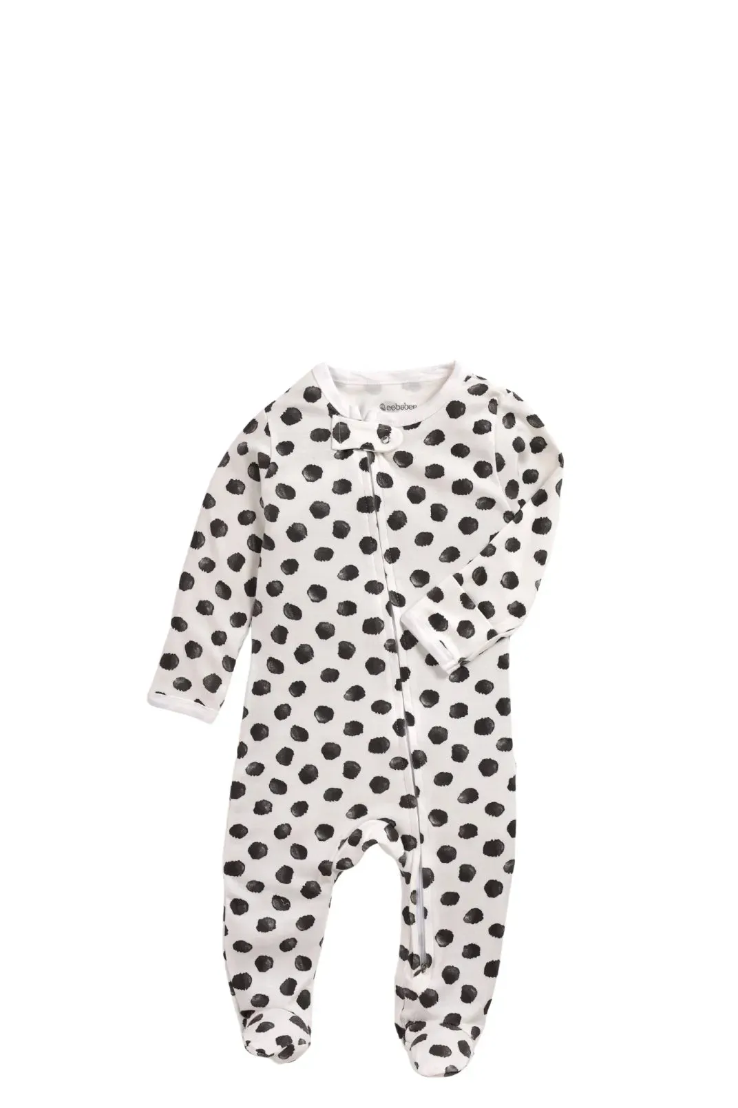 Full sleeve black round pattern in white zipper sleepsuit with cap  for baby