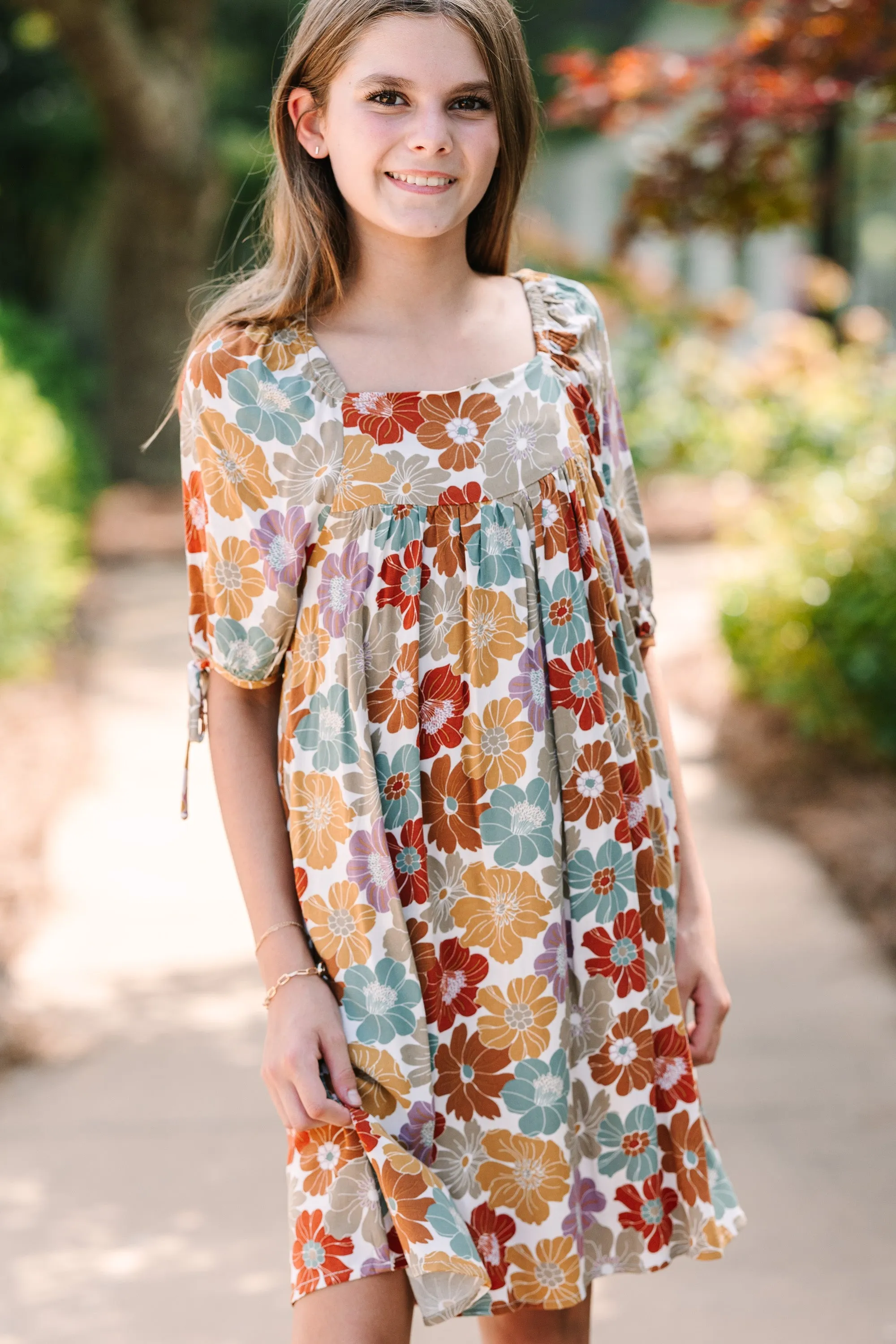 Girls: Go For It Mustard Yellow Floral Dress