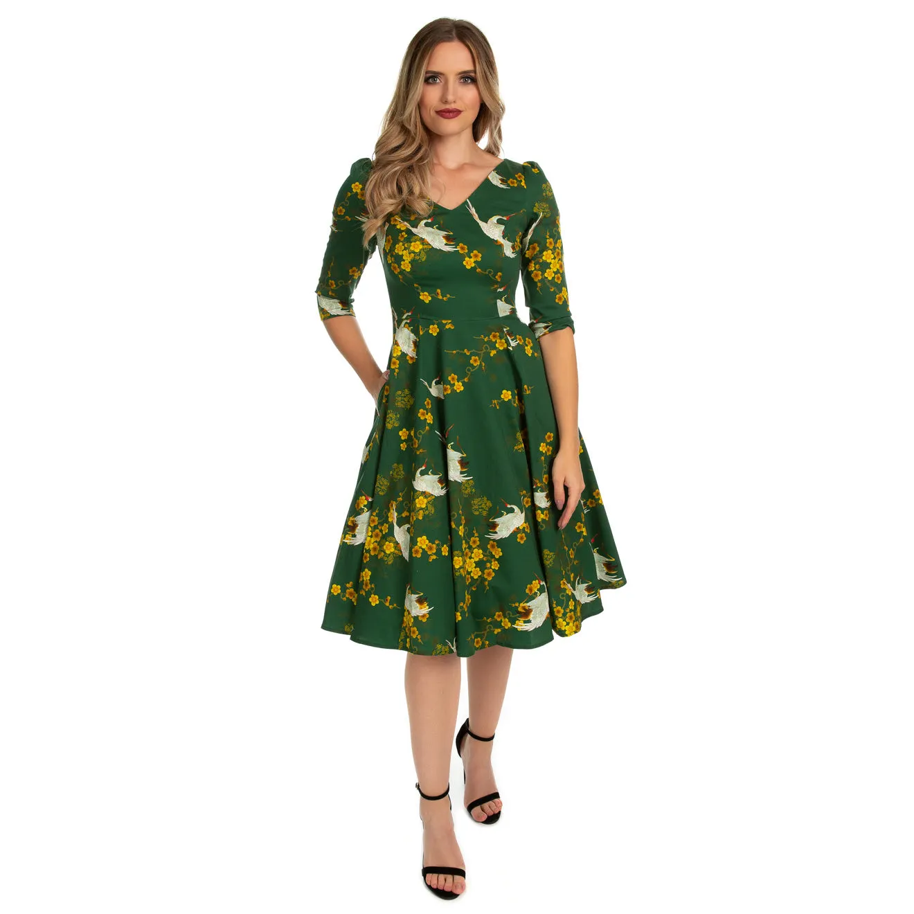 Green Birds & Blossom Print 3/4 Sleeve Vintage Style Swing Tea Dress With Pockets