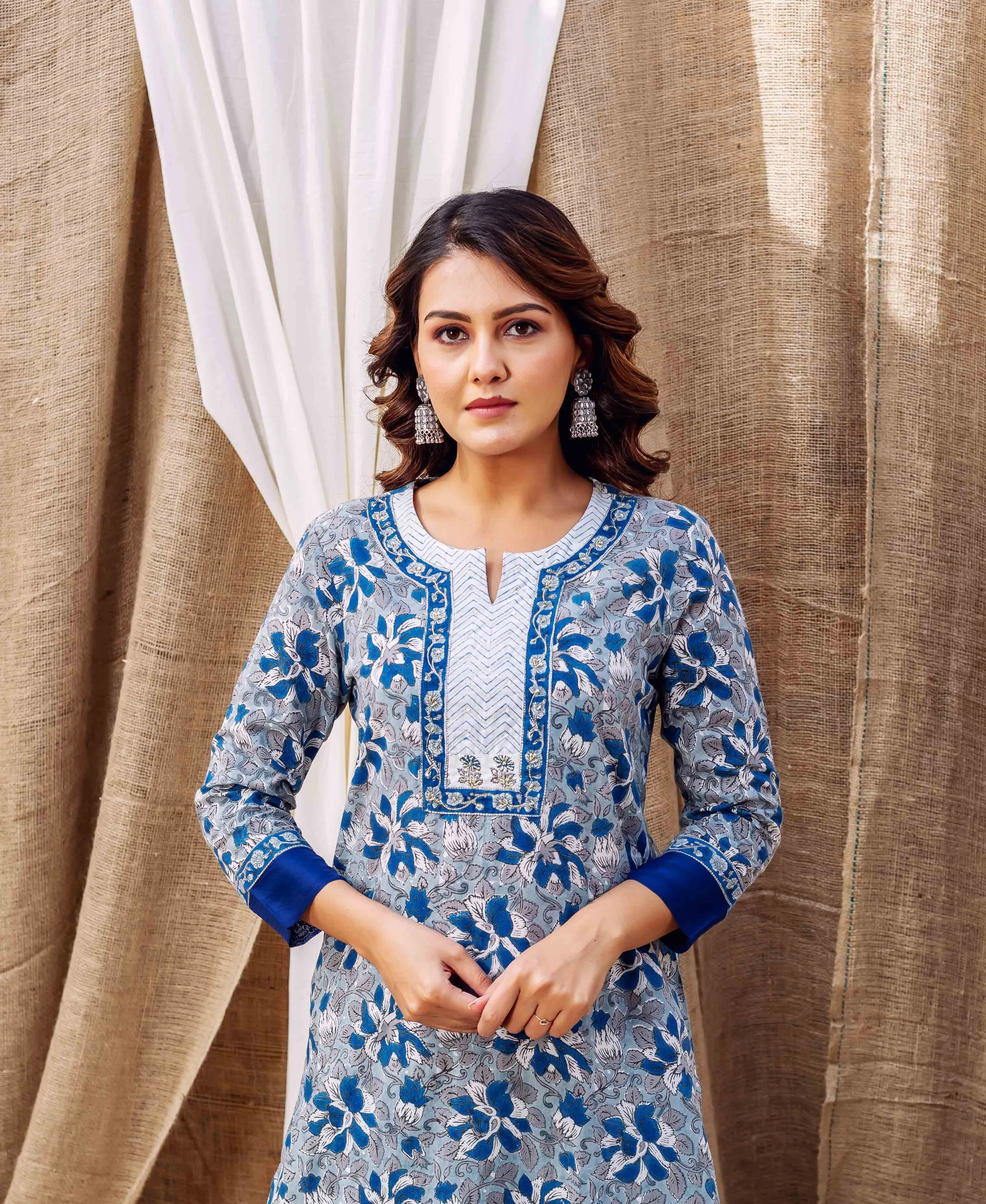 Grey and Blue Cotton Straight Kurta