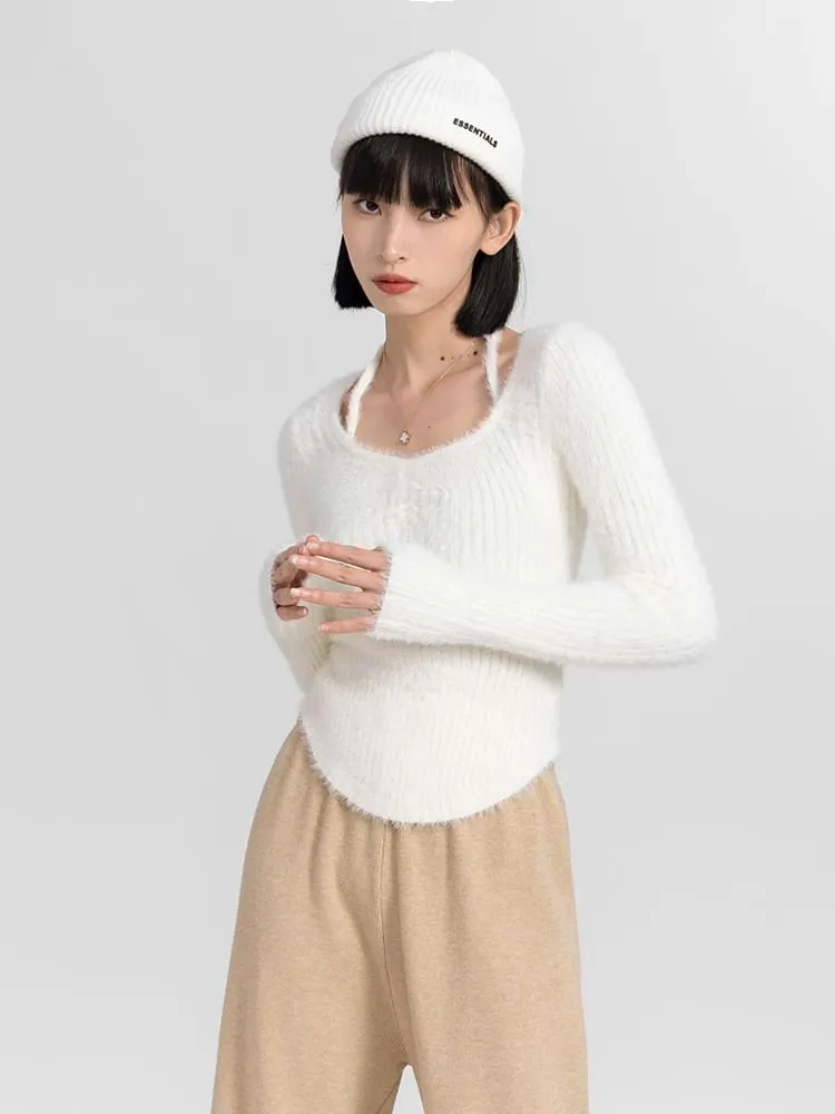 Halter Strap Fuzzy Long Sleeve Top