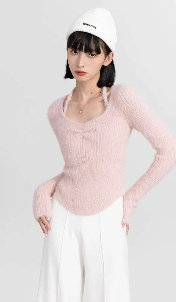 Halter Strap Fuzzy Long Sleeve Top