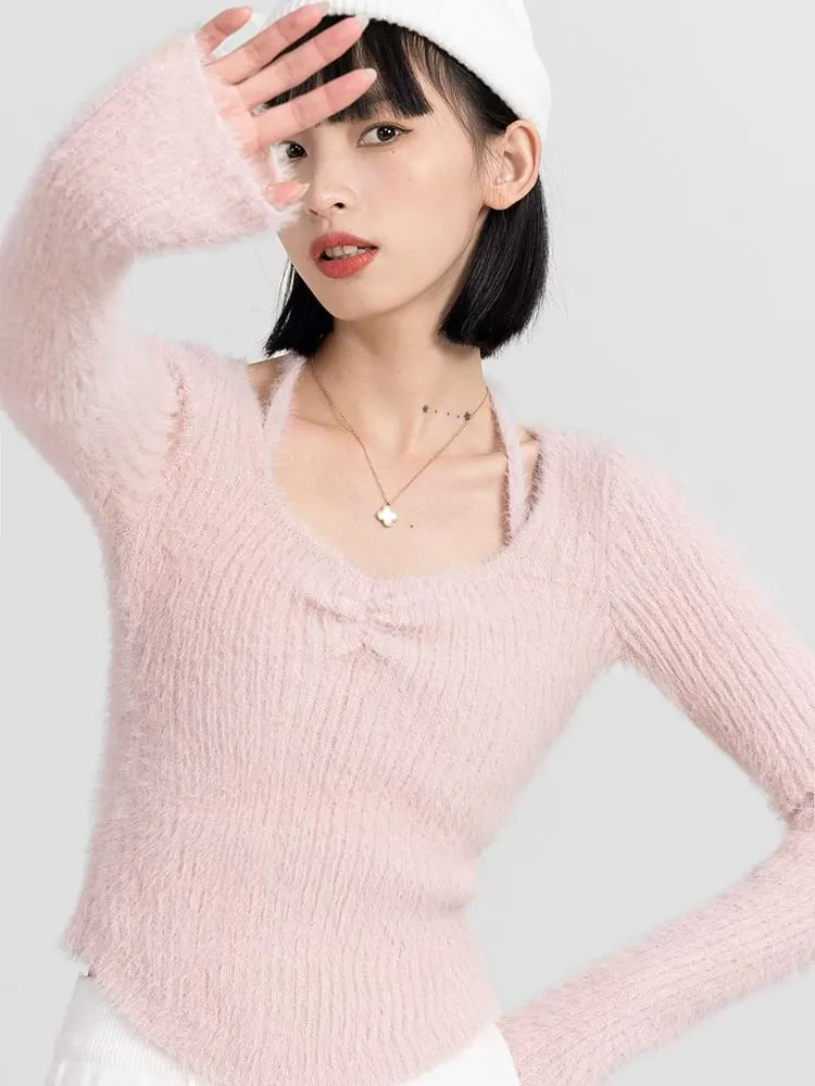 Halter Strap Fuzzy Long Sleeve Top