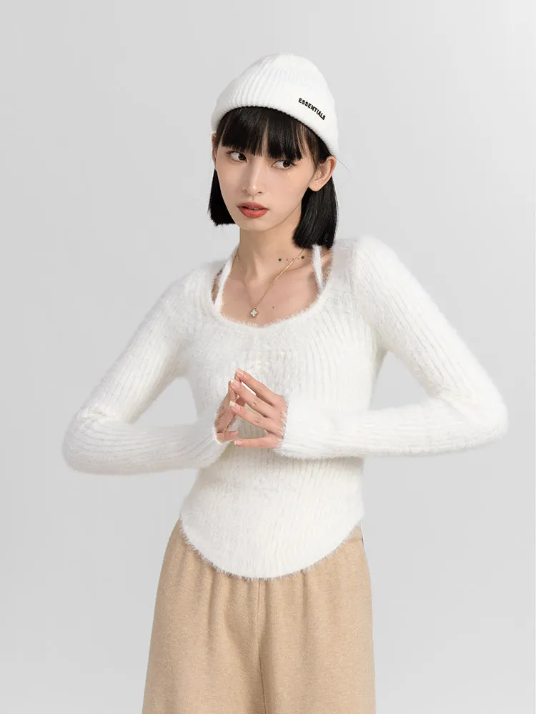 Halter Strap Fuzzy Long Sleeve Top