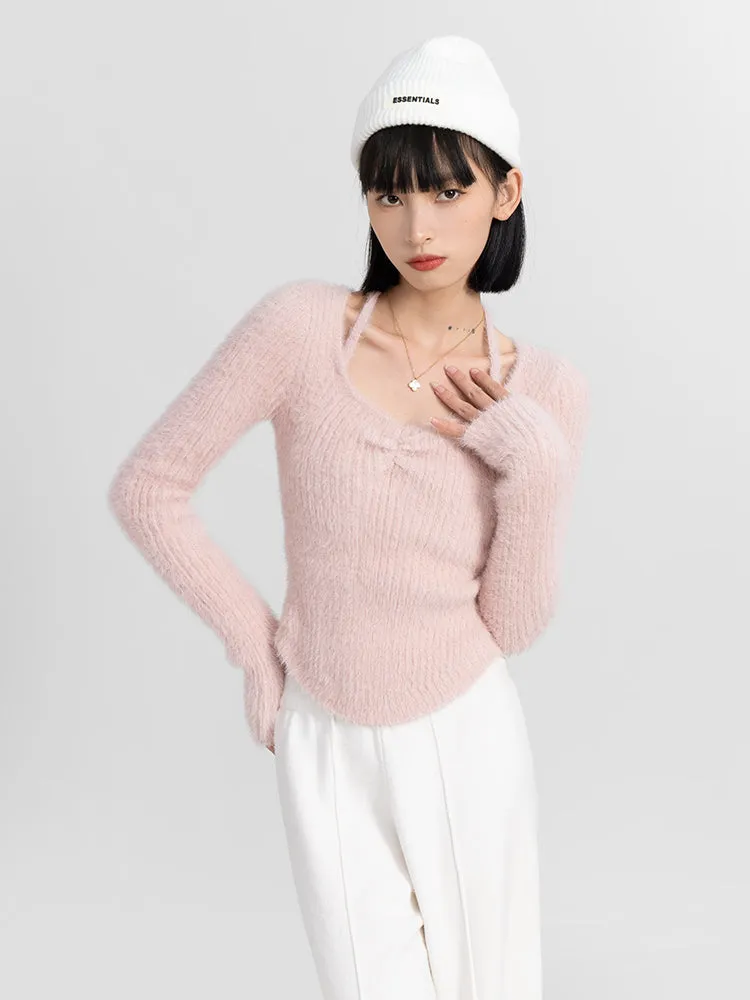 Halter Strap Fuzzy Long Sleeve Top