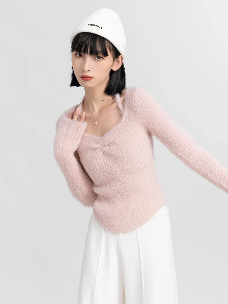 Halter Strap Fuzzy Long Sleeve Top