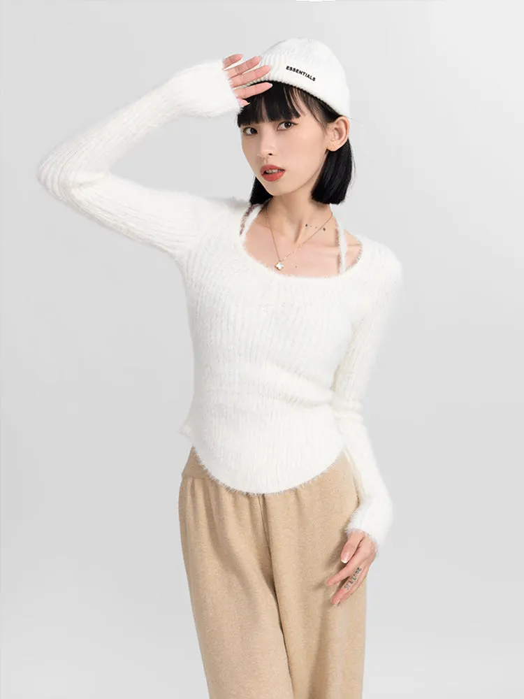 Halter Strap Fuzzy Long Sleeve Top