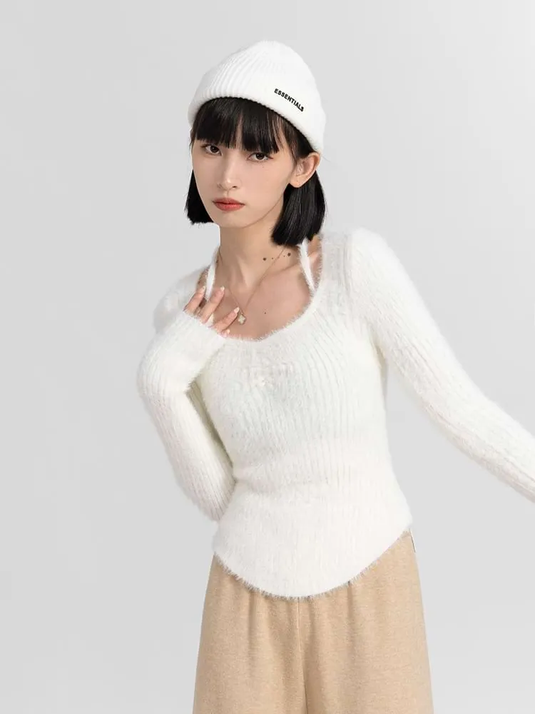 Halter Strap Fuzzy Long Sleeve Top