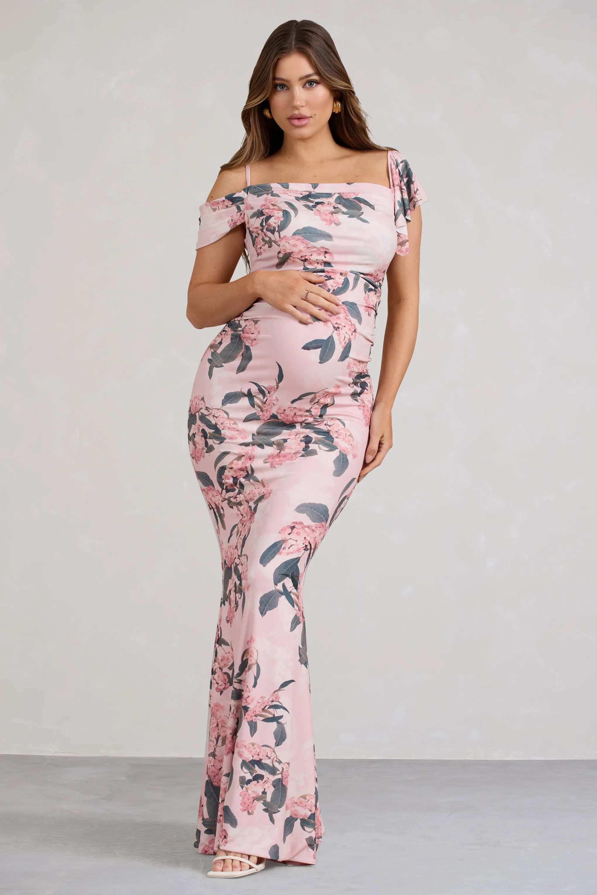 Merlot | Pink Floral Asymmetric Maternity Maxi Dress