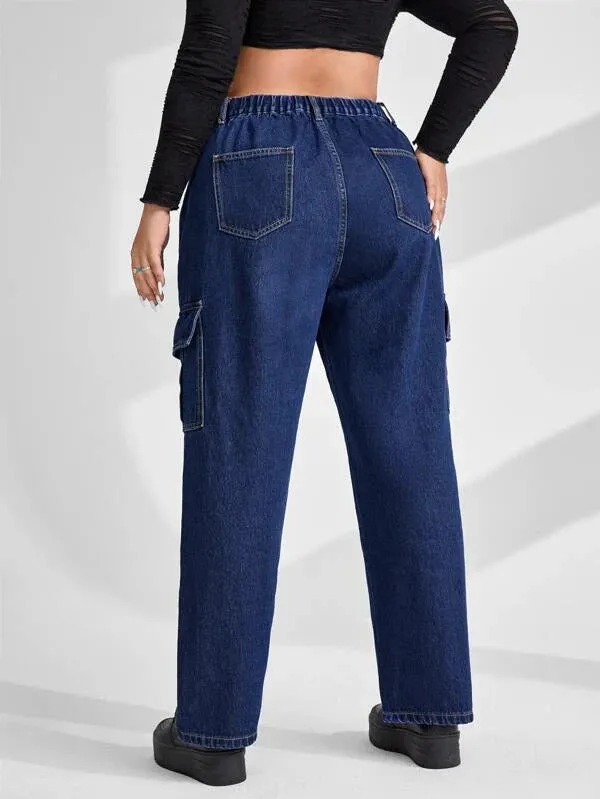 Midnight Blue Straight Fit Plus Size Cargo Jeans