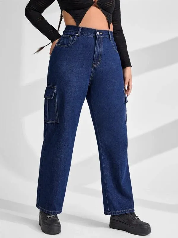 Midnight Blue Straight Fit Plus Size Cargo Jeans