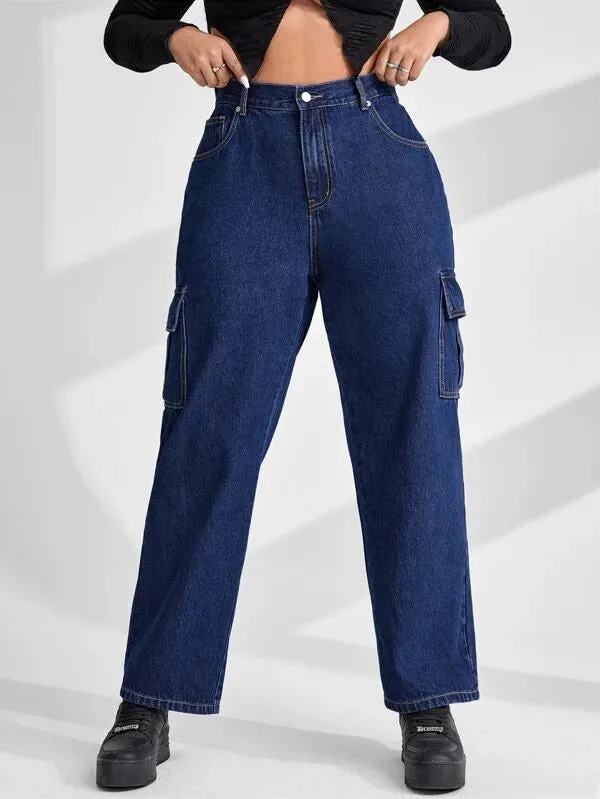 Midnight Blue Straight Fit Plus Size Cargo Jeans