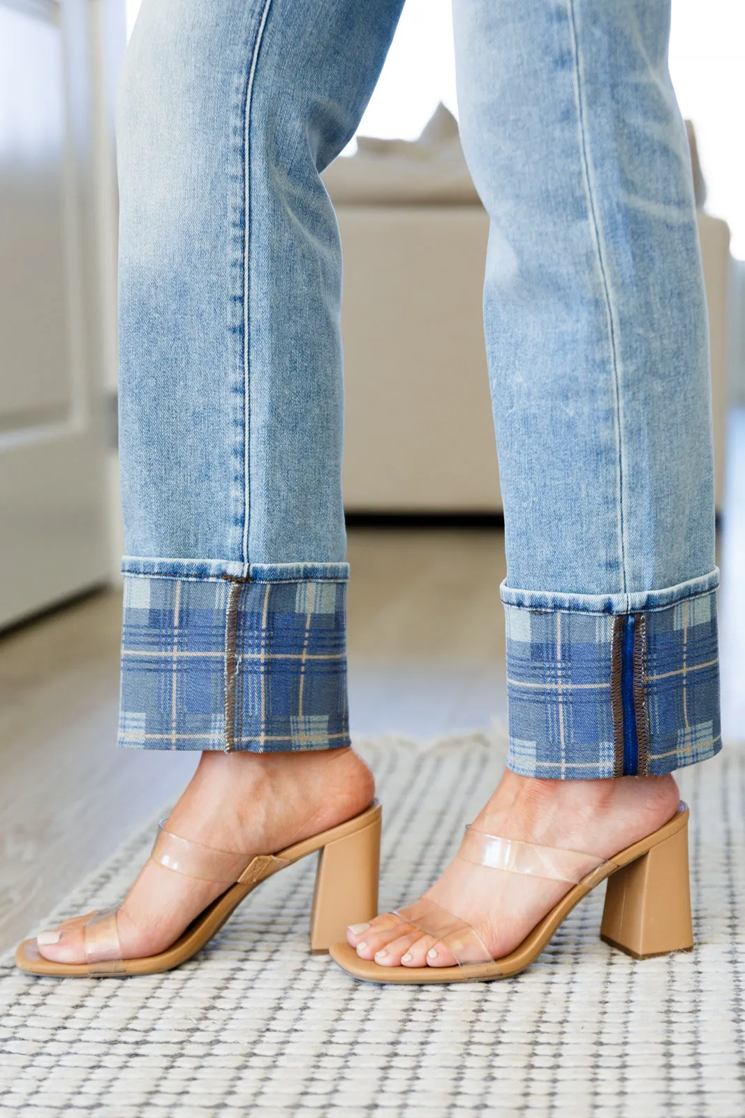 Miranda High Rise Plaid Cuff Vintage Straight Jeans