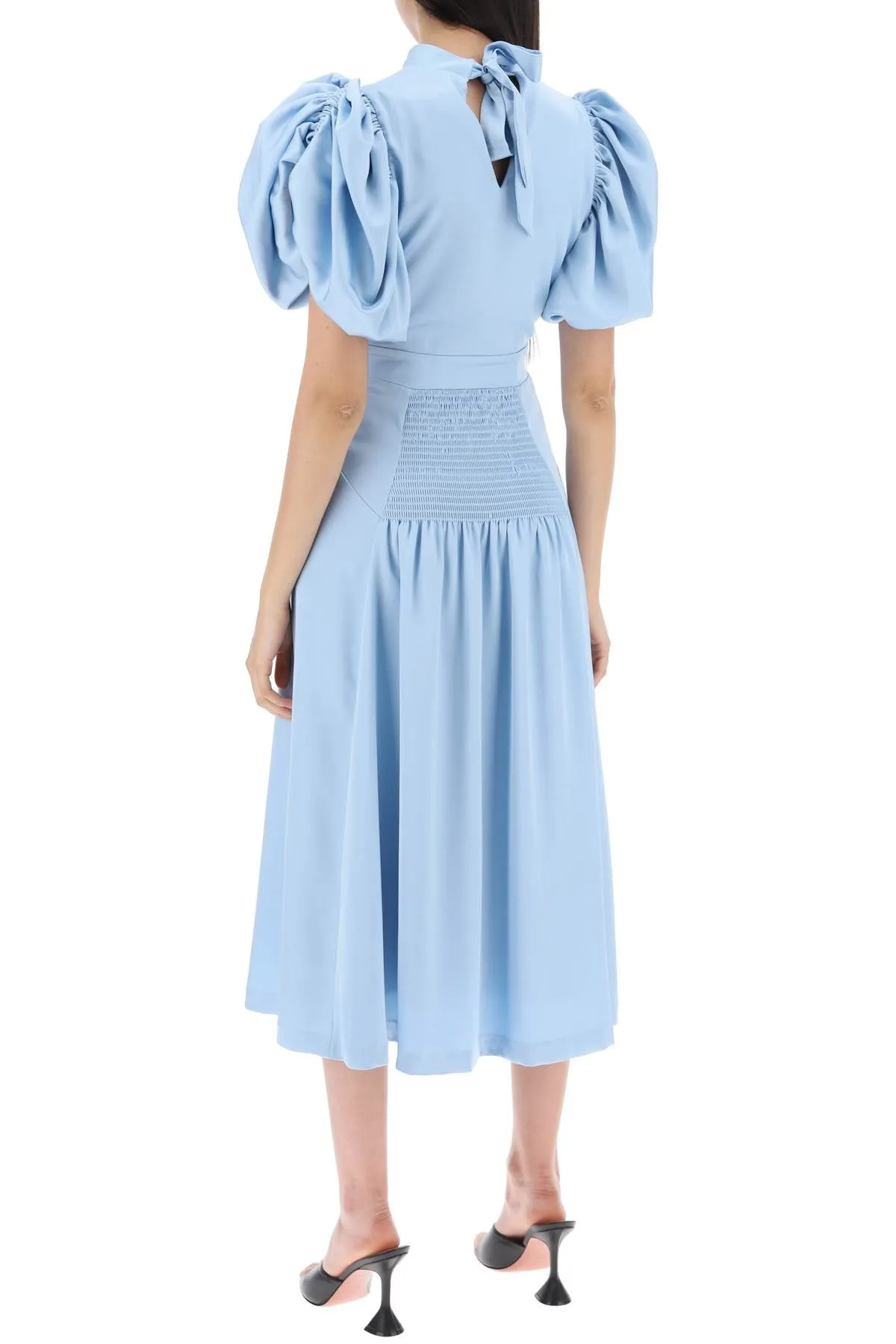 ROTATE midi satin dress with balloon sleeves