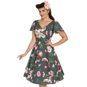 Sage Green Floral Print Cap Sleeve Rockabilly 50s Swing Tea Dress