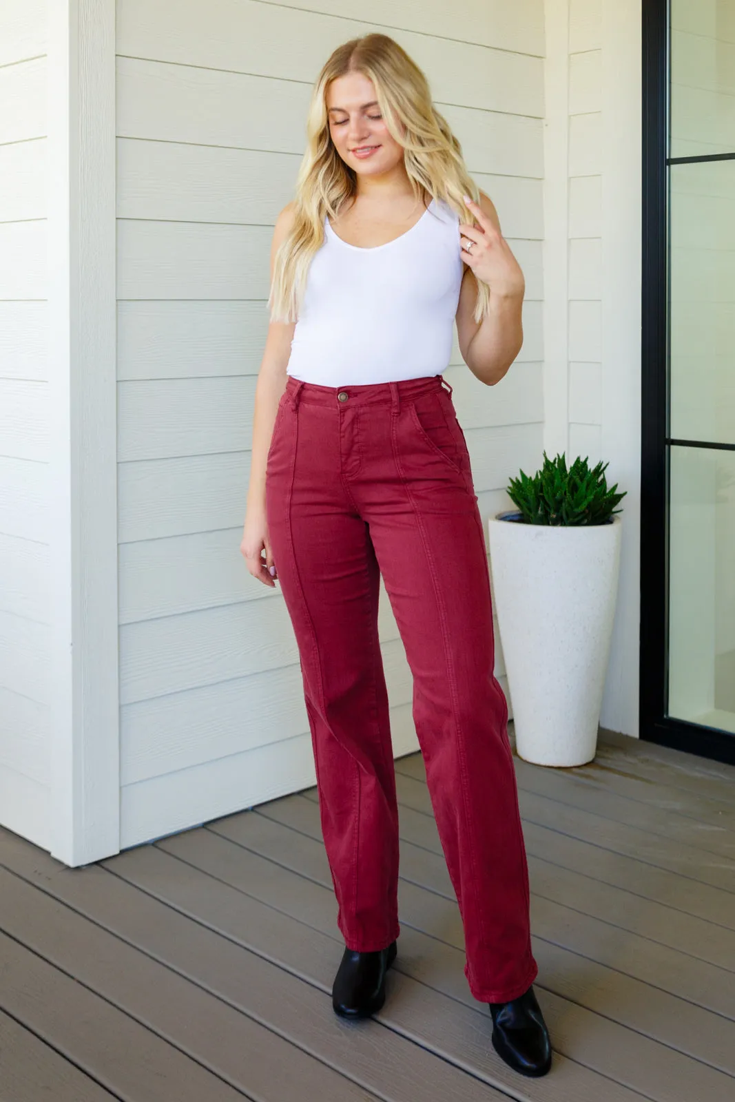 *Size 20W - Phoebe High Rise Front Seam Straight Jeans in Burgundy