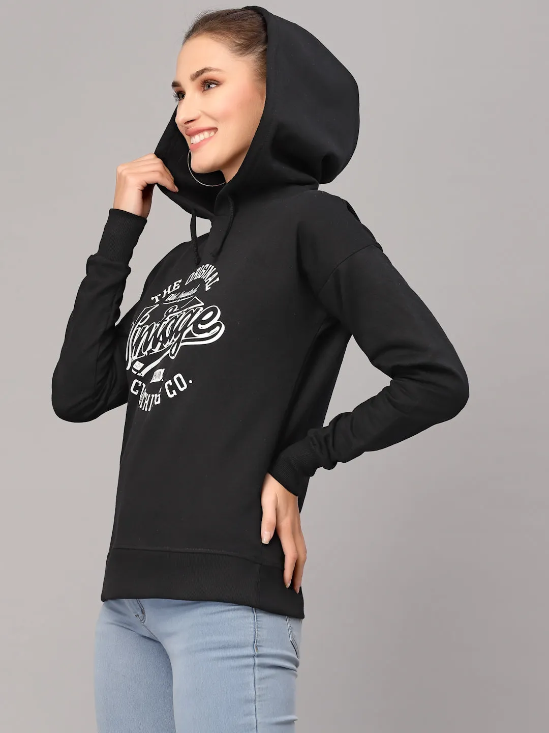 Style Quotient Women Black Printed Hooded Sweatshirt