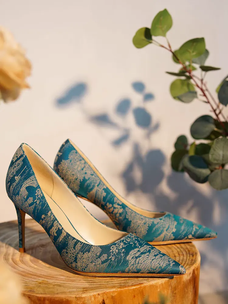 The Lan Oriental Blue Floral Heels