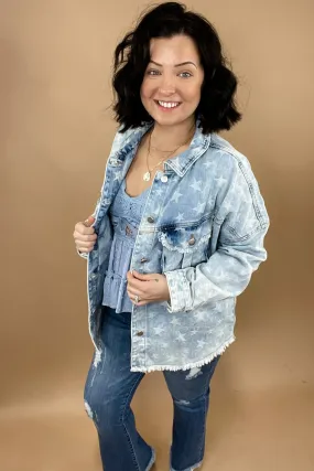 The Stars Aligned- Lt. Wash Denim Jacket w/ Star Print & Chest Pockets