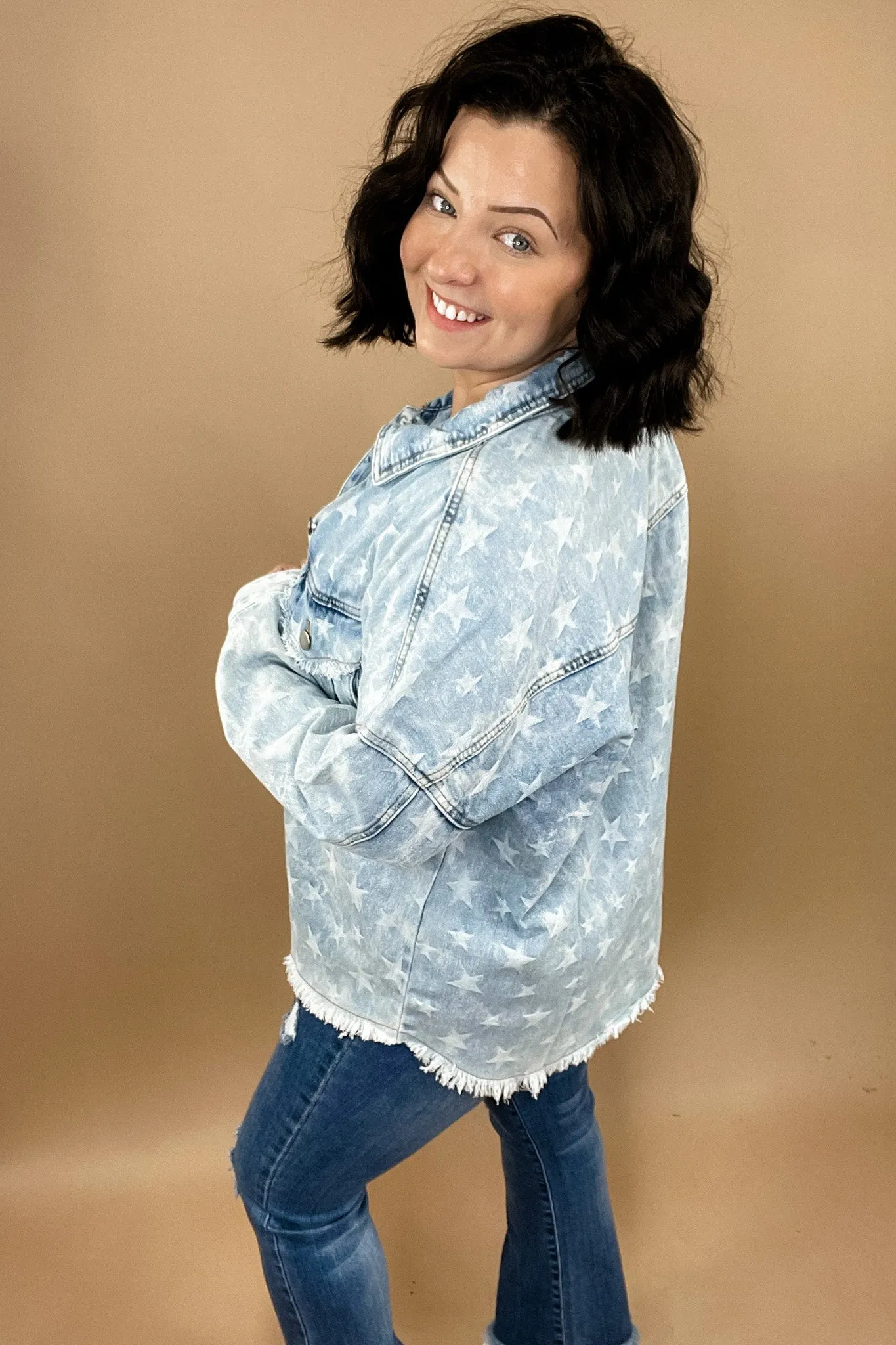 The Stars Aligned- Lt. Wash Denim Jacket w/ Star Print & Chest Pockets