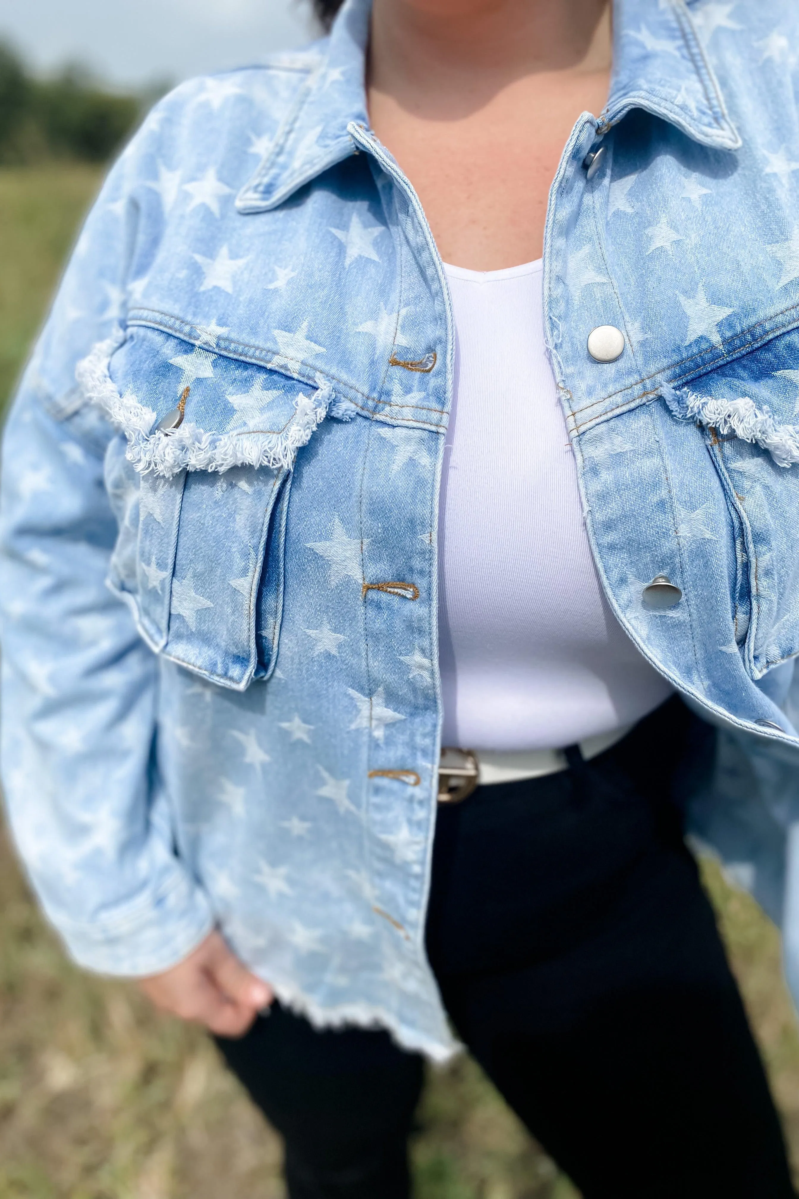 The Stars Aligned- Lt. Wash Denim Jacket w/ Star Print & Chest Pockets